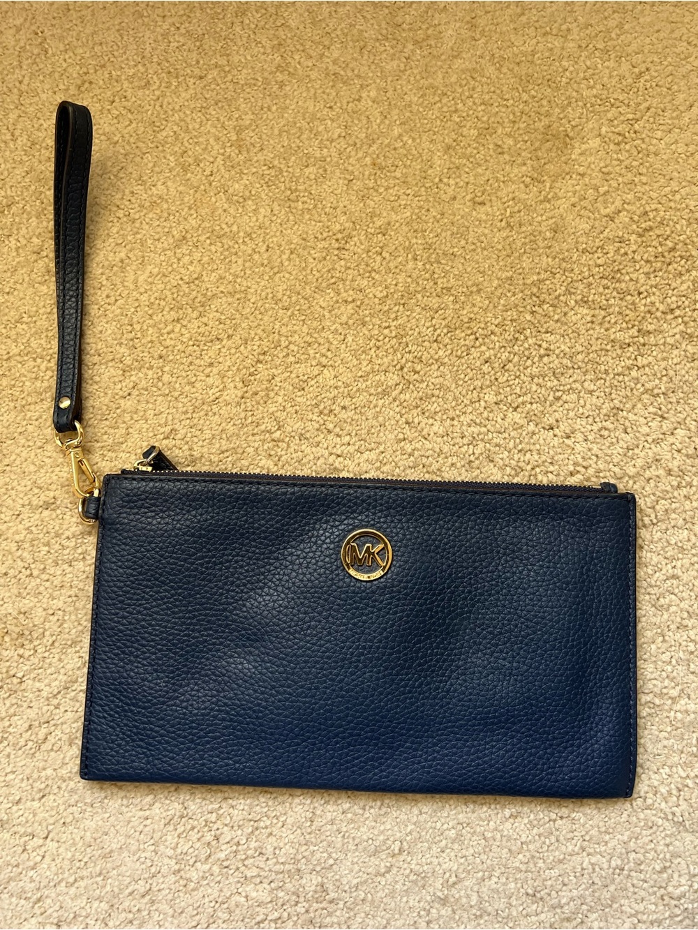 Michael Kors Navy Pebbled Leather Wristlet with Gold MK Emblem
